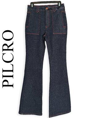 ☀️ Pilcro Anthropologie Dark Indigo High Rise Flare Jeans Red Contrast Stitch 28